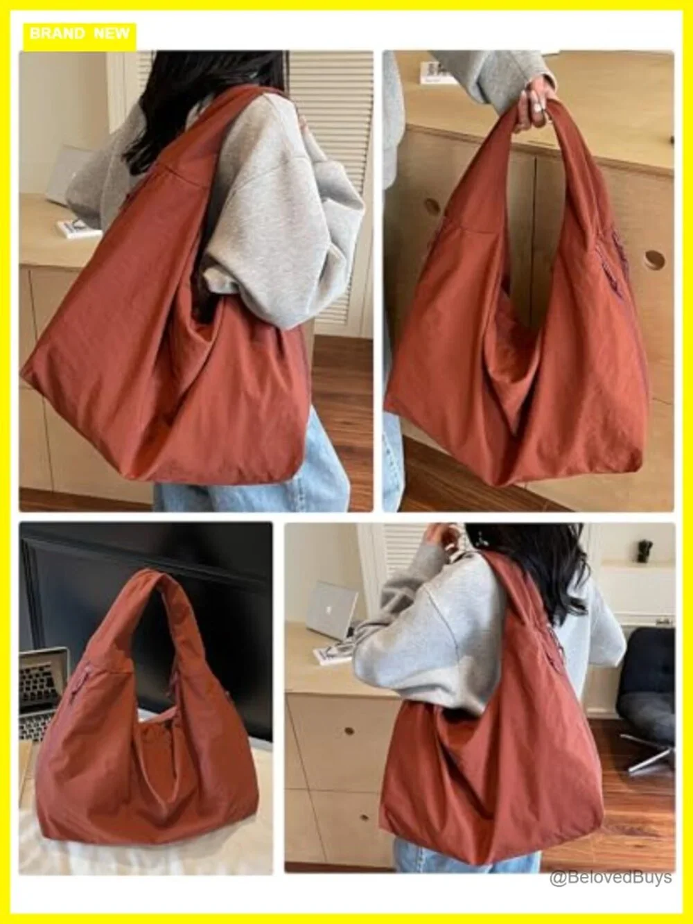 Nylon Slouchy Hobo Tote Bag with Zippered Pockets, Large Underarm Shoulder Purse